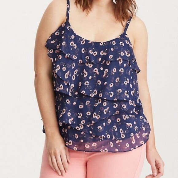 Torrid Blue Pink Floral Sheer Tiered Ruffle Chiffon Banded Cami Tank Blouse 1X - Picture 12 of 12